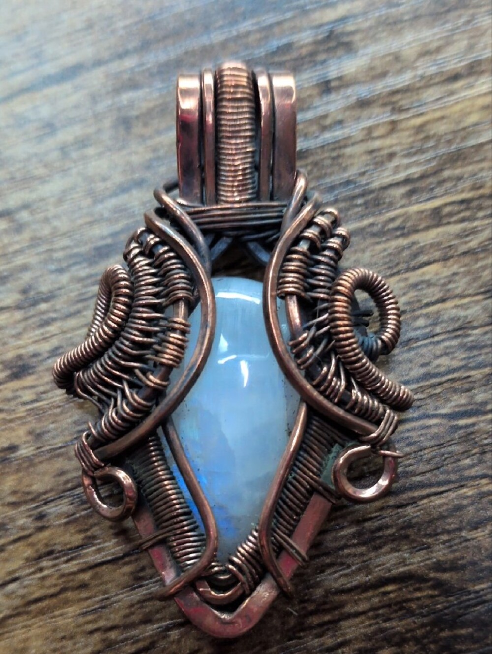 Handcrafted Copper Wire-Wrap Moonstone Pendant - Blue White